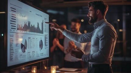 A man presents data visualizations during a meeting, with colleagues applauding. Business strategy and data analysis are visualized on screen.