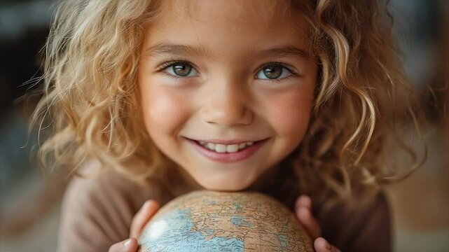 Happy girl with curly hair smiles, holding a globe