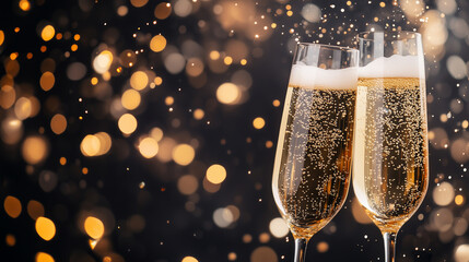 Celebratory champagne flutes with sparkling bokeh background