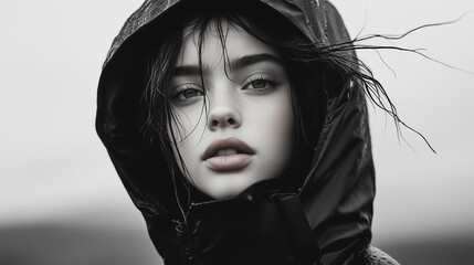 Moody portrait of a young woman in a rain jacket