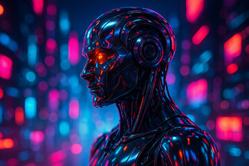 AI generated image of a mechanical robotic hand reaching toward a glowing pink and purple digital surface representing abstract data flow in a futuristic cyber environment