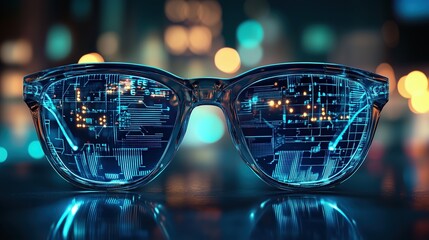  Futuristic Glasses Showcasing Digital Circuit Patterns Illuminated by Blue Neon Lights in an Urban Night Background, Capturing Tech Inspiration and Intricate Craftsmanship in a Photorealistic Style