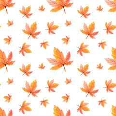 Seamless pattern with watercolor autumn leaves on a white background. Hand drawn illustration for your design, print, textile