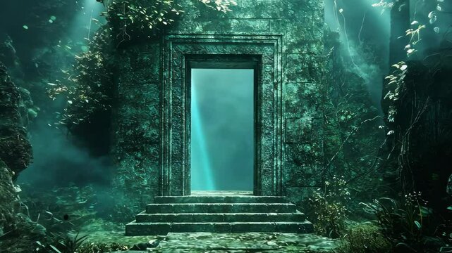 Ancient stone doorway in overgrown, mystical jungle setting, emitting ethereal light