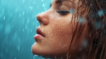Close-up of a woman in rain with droplets on her skin