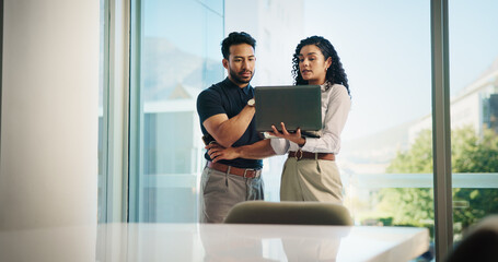 Naklejka na ściany i meble Business people, laptop and meeting with real estate team, discussion or available listings on website. Check, collaboration and property review for realtor group, strategy or client feedback on pc