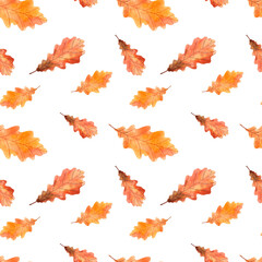 Seamless pattern with watercolor autumn leaves on a white background. Hand drawn illustration for your design, print, textile