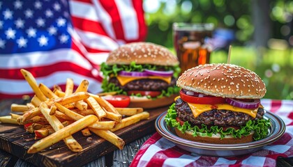 Picnic party for Fourth of July, Memorial Day, USA Independence Day concept outdoor. Patriotic, American food, burgers, drinks, american flag.