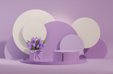 3D podium display, purple blue background with hydrangeas flower and vintage frame. Tulips flower, rose, leaf. Minimal pedestal for beauty, product. Feminine copy space template 3d render
