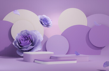 3D podium display, purple blue background with hydrangeas flower and vintage frame. Tulips flower, rose, leaf. Minimal pedestal for beauty, product. Feminine copy space template 3d render