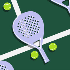 Padel Racket and Tennis ball close up on the court pop art vector illustration. Padel ball.