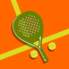 Padel Racket and Tennis ball close up on the court pop art vector illustration. Padel ball.