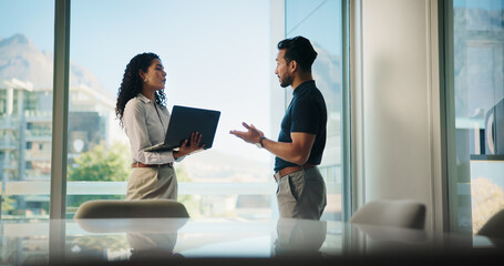 Laptop, talking and business people in meeting for ideas, discussion or insurance policy for...