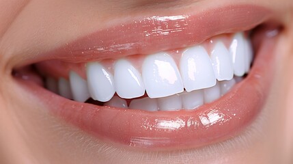 Close up of a perfect white smile with straight healthy teeth captured in soft studio lighting on a white background