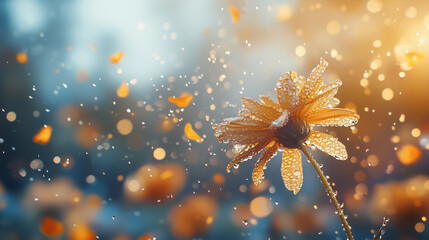 Drenched flower glistening in sunlight with falling petals