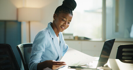 Naklejka na ściany i meble Business, laptop and woman with documents, charts and schedule for budget review. African person, accountant and employee in office, pc and audit report with paperwork, financial website and economy