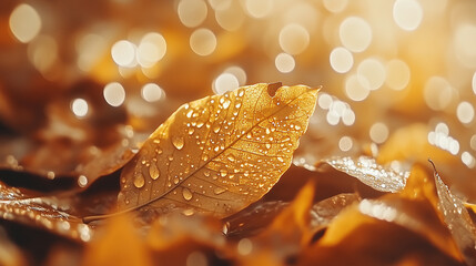 Glistening autumn leaves with droplets in soft sunlight