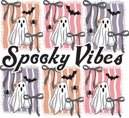 Ghost Spooky Vibes Preppy Halloween Coquette Bow Pastel Girly Ghost T-Shirt Design