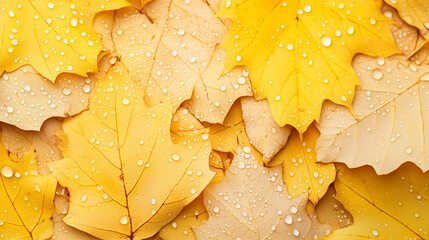 Close-up of yellow autumn leaves with water droplets