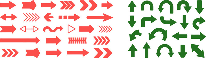 Fototapeta premium Arrow vector set collection red and green arrows direction signs navigation pointers different shapes 100px editable stock vector illustration