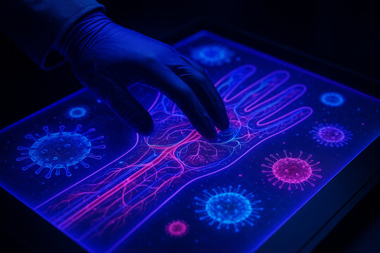 AI generated image of a gloved hand interacting with a glowing holographic display of human anatomy highlighting blood vessels and virus structures in a futuristic medical environment