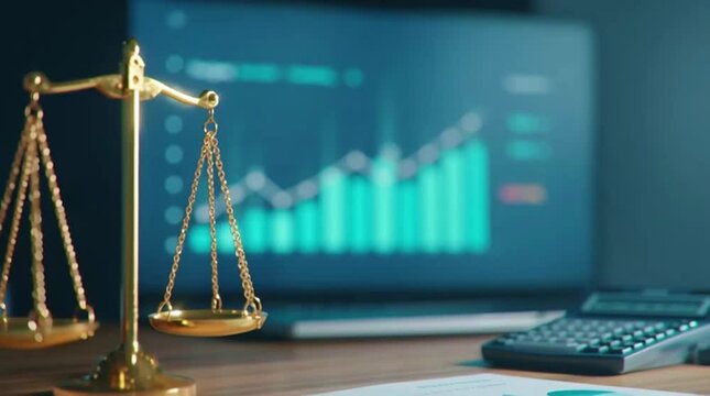 split-screen professional desk scene with glowing golden scales of justice and law documents on left side clean financial dashboard with upward-trending chart on right side no calculator modern