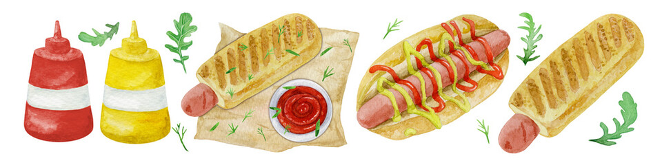 Watercolor Hot Dog Set.Hand-Painted Street Food Illustrations