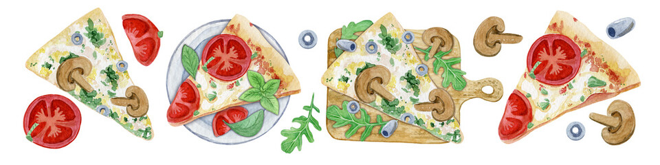 Watercolor Pizza Set.Hand-Painted Gourmet Pizza Slices Illustration