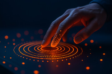 AI generated image of a human finger interacting with a glowing holographic circular interface symbolizing advanced technology and human machine interaction