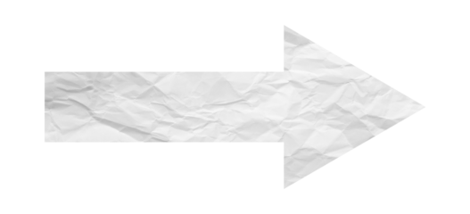 White crumpled paper arrow isolated on transparent background