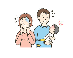 急な発熱をした子供を抱いて焦る若い父親とオロオロする母親
