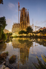 The imposing Sagrada Familia church in Barcelona after sunset
