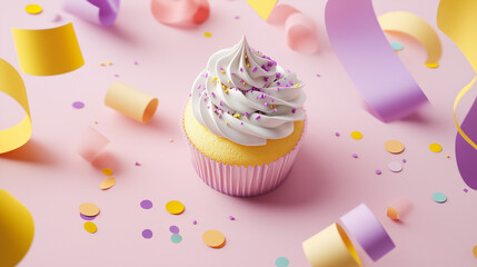 Festive cupcake surrounded by colorful party decorations