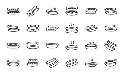 Collection of line art hot dog icons representing various styles and arrangements in a vector set