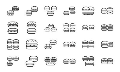 A monochrome set of minimalist burger icons in various combinations for food and restaurant design