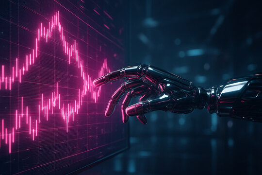 AI generated image of a futuristic robotic hand interacting with a glowing pink digital interface displaying real time data graphs in a sci fi control environment