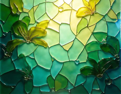 Abstract green and yellow floral stained glass art - Powered by Adobe