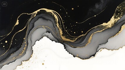 Abstract black gold and white ink marble texture