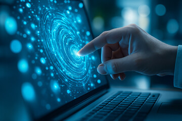 AI generated image of a human hand interacting with a glowing circular holographic interface on a laptop screen representing digital data control and artificial intelligence