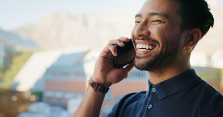 Talk, employee and man with smile, phone call and laughing at joke, communication and event...