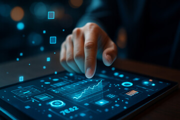 AI generated image of a human hand interacting with a glowing digital touchscreen displaying futuristic data graphics and floating UI elements in neon blue