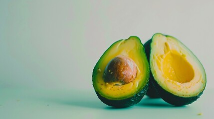Close up of a perfectly ripe avocado sliced in half showcasing its creamy texture and rich green color on a clean white background