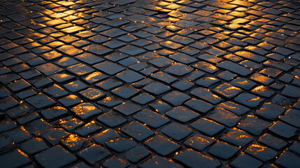 Wet cobblestone street reflecting warm streetlights
