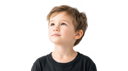 A young boy with short brown hair gazes upwards with a thoughtful expression. set against a clean white background. conveying innocence and curiosity. ideal for educational or family-themed content