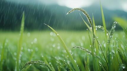 Fresh rice plants glistening in the rain