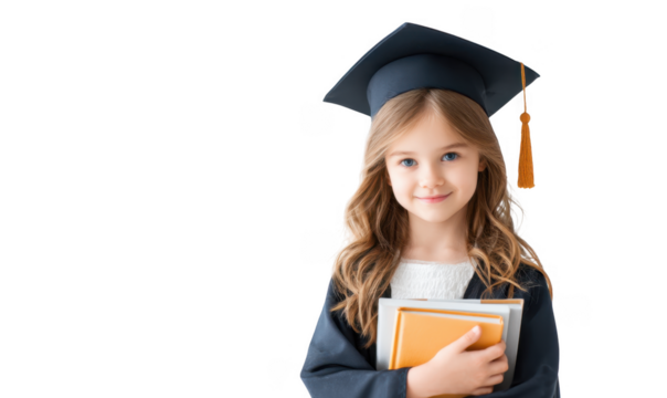 A young girl in a graduation cap and gown smiles while holding books. symbolizing achievement and education. with a bright. neutral background that emphasizes her joy and accomplishment