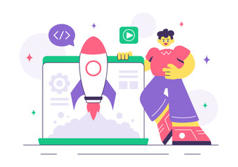 Game Development Vector Illustration Featuring Games, Digital Technology, Programming, and Coding for the Technical Aspects of Creating Video Games