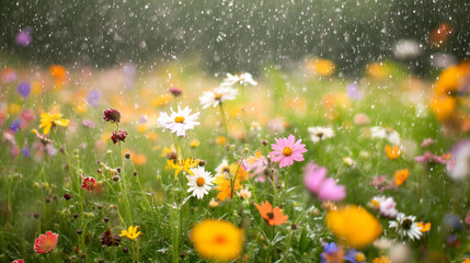 Colorful wildflowers blooming in a gentle rain