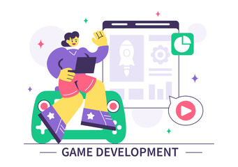 Game Development Vector Illustration Featuring Games, Digital Technology, Programming, and Coding for the Technical Aspects of Creating Video Games