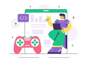 Game Development Vector Illustration Featuring Games, Digital Technology, Programming, and Coding for the Technical Aspects of Creating Video Games